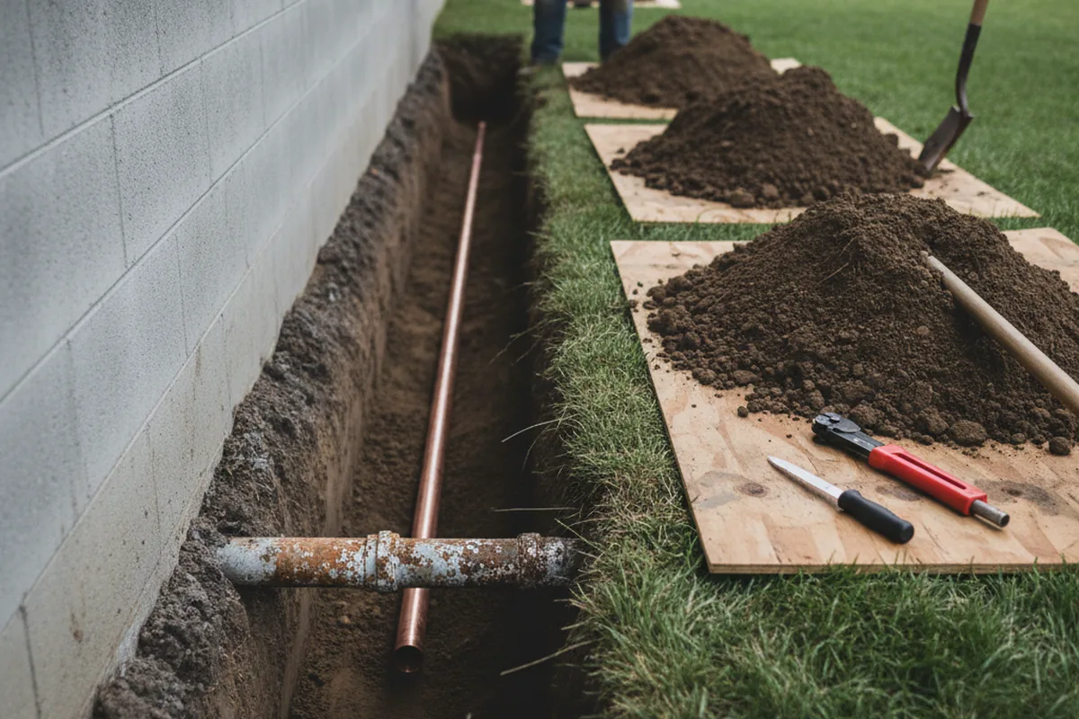 Excavated water line trench during Sewer Line Repair in Modena